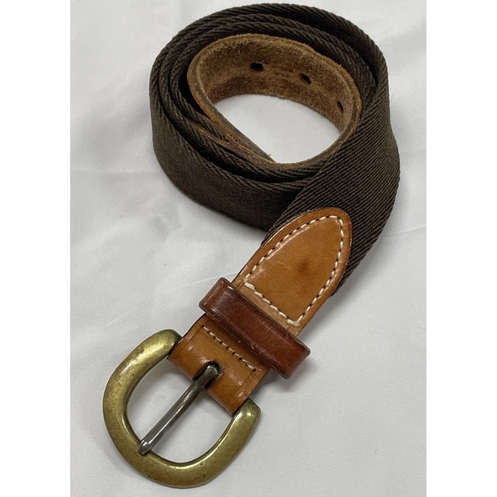 TRAFALGAR Brass Buckle Belt Canvas & Brown Leather Size 36 Vintage 1980's Unisex